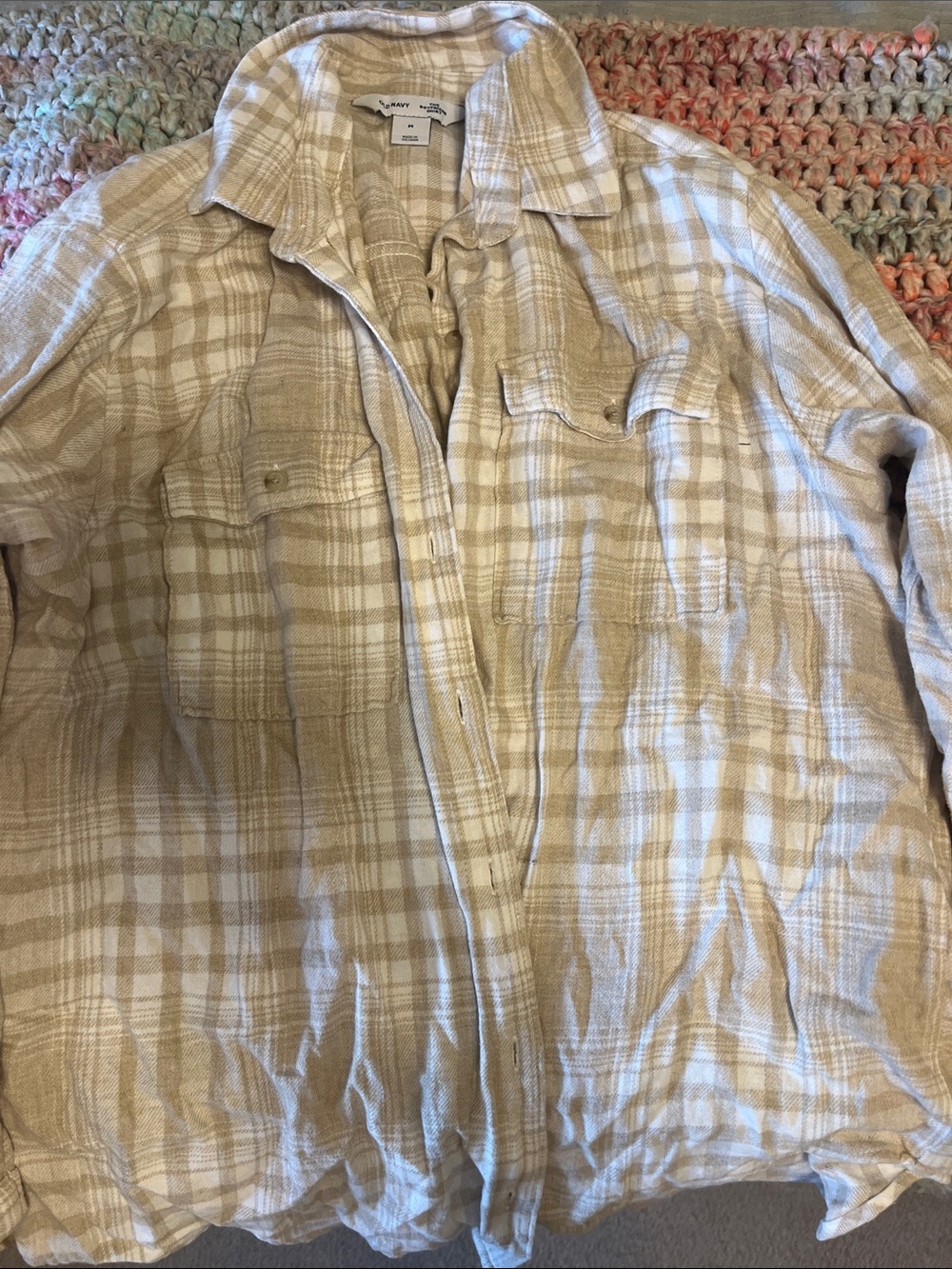 Old Navy Beige and Cream Plaid Boyfriend Shirt